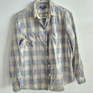 Land's End Wolle Women's Gray and Yellow Plaid Button-Up Shirt Size L